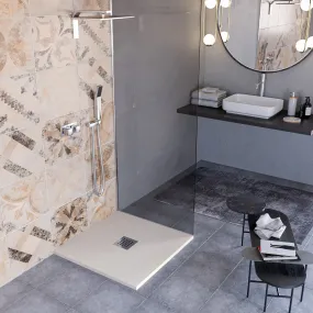 Hergestellt in Italien Mineralmarmo Duschwanne mit Steineffekt, zentraler Ablauf, Farbe Creme, Modell Amalfi