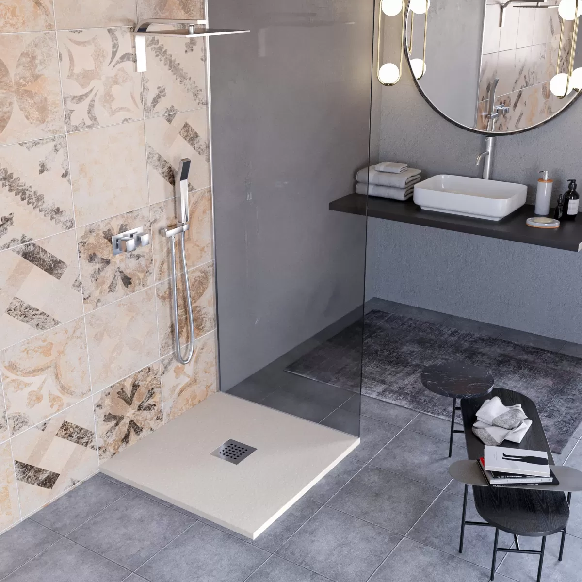 Hergestellt in Italien Mineralmarmo Duschwanne mit Steineffekt, zentraler Ablauf, Farbe Creme, Modell Amalfi