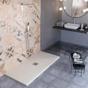 Hergestellt in Italien Mineralmarmo Duschwanne mit Steineffekt, zentraler Ablauf, Farbe Creme, Modell Amalfi