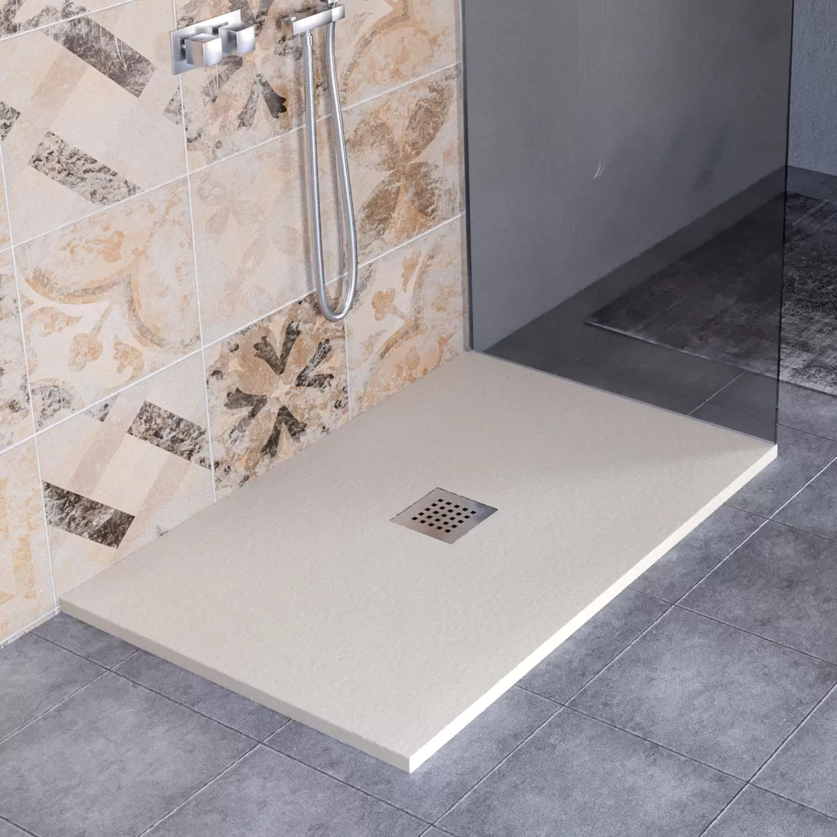 Hergestellt in Italien Mineralmarmo Duschwanne mit Steineffekt, zentraler Ablauf, Farbe Creme, Modell Amalfi