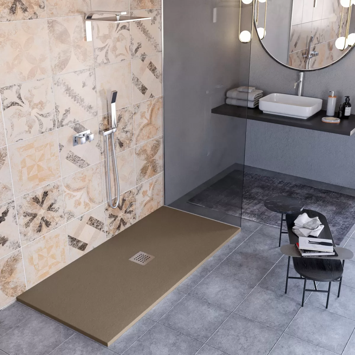 Receveur de douche en marbre minéral effet pierre fabriqué en Italie drain central de couleur marron modèle Amalfi
