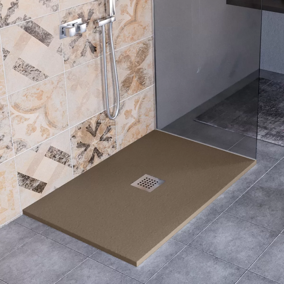 Receveur de douche en marbre minéral effet pierre fabriqué en Italie drain central de couleur marron modèle Amalfi