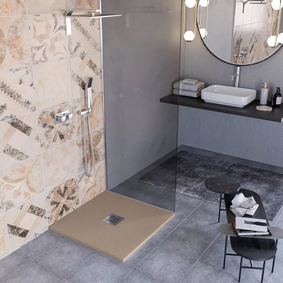 Receveur de douche en marbre minéral effet pierre fabriqué en Italie avec évacuation centrale en couleur Tortora modèle Amalfi