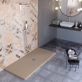 Receveur de douche en marbre minéral effet pierre fabriqué en Italie avec évacuation centrale en couleur Tortora modèle Amalfi