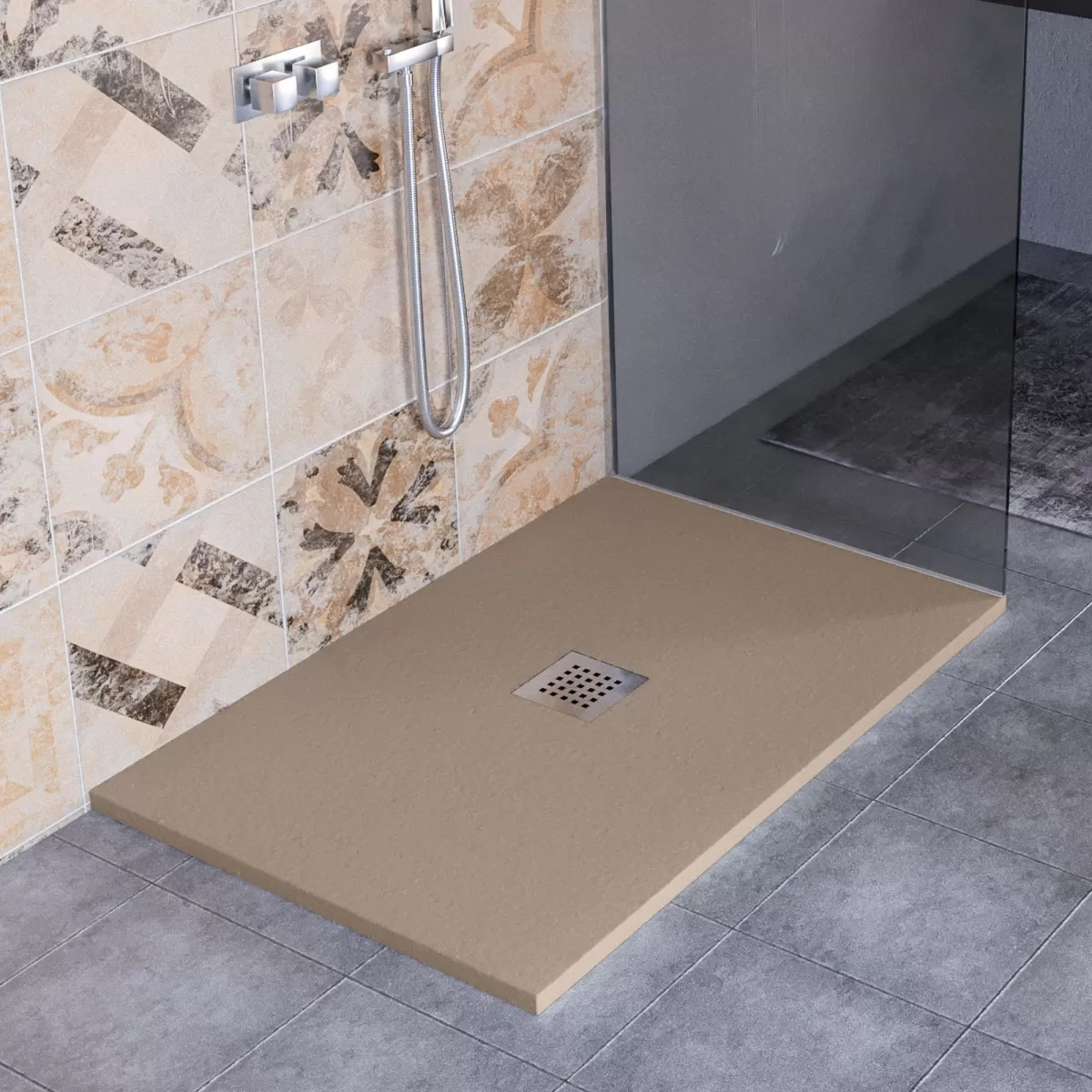 Receveur de douche en marbre minéral effet pierre fabriqué en Italie avec évacuation centrale en couleur Tortora modèle Amalfi