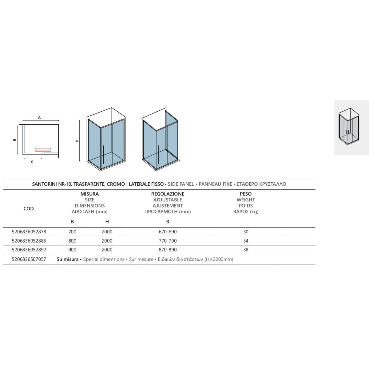 Pannello Pannello Laterale Fisso Karag Santorini NR-10 Trasparente Cromo