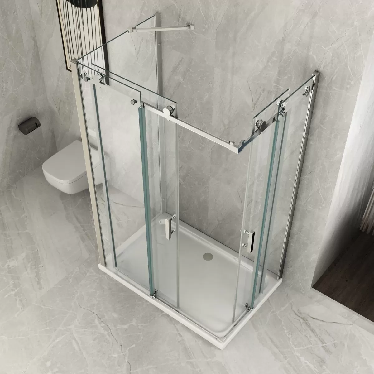 Duschabtrennung 3 Seiten Schiebeöffnung ohne transparente Profile 8mm Höhe H 195cm
