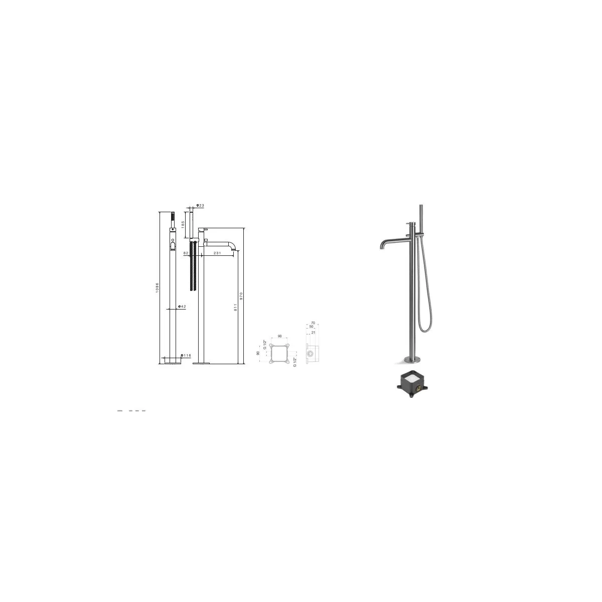 Miscelatore in acciaio inox da incasso per vasca con colonna di alimentazione a pavimento di Tubico Nilo - Scheda Tecnica