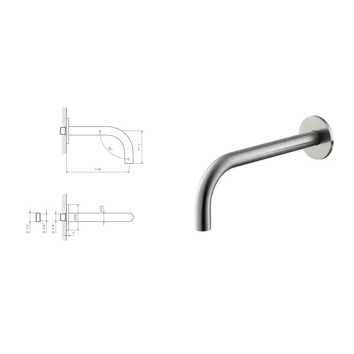 Bocca erogazione a parete per lavabo in acciaio inox da 150 mm di Tubico Nilo - Scheda Tecnica