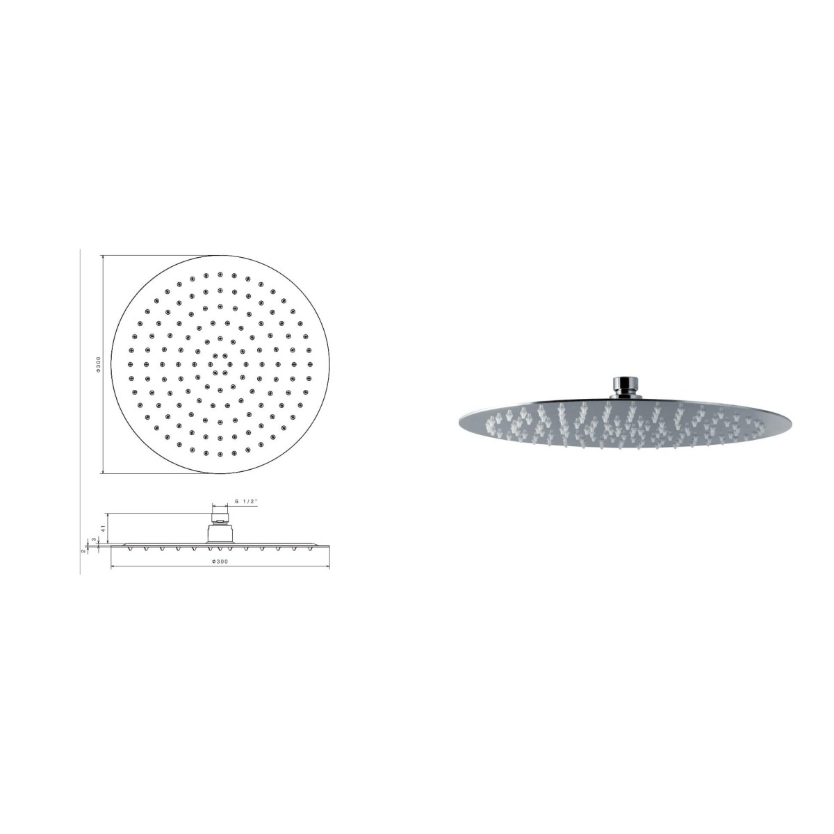 Soffione ultraslim per doccia tondo in acciaio inox con getto a pioggia di diametro da 300 mm di Tubico Nilo - Scheda Tecnica