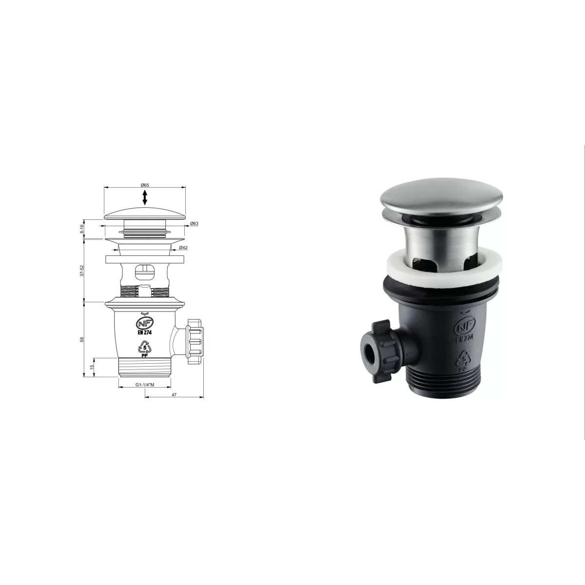 Piletta da 1”1/4 con scarico a pulsante in acciaio inox di Tubico Nilo - Scheda Tecnica