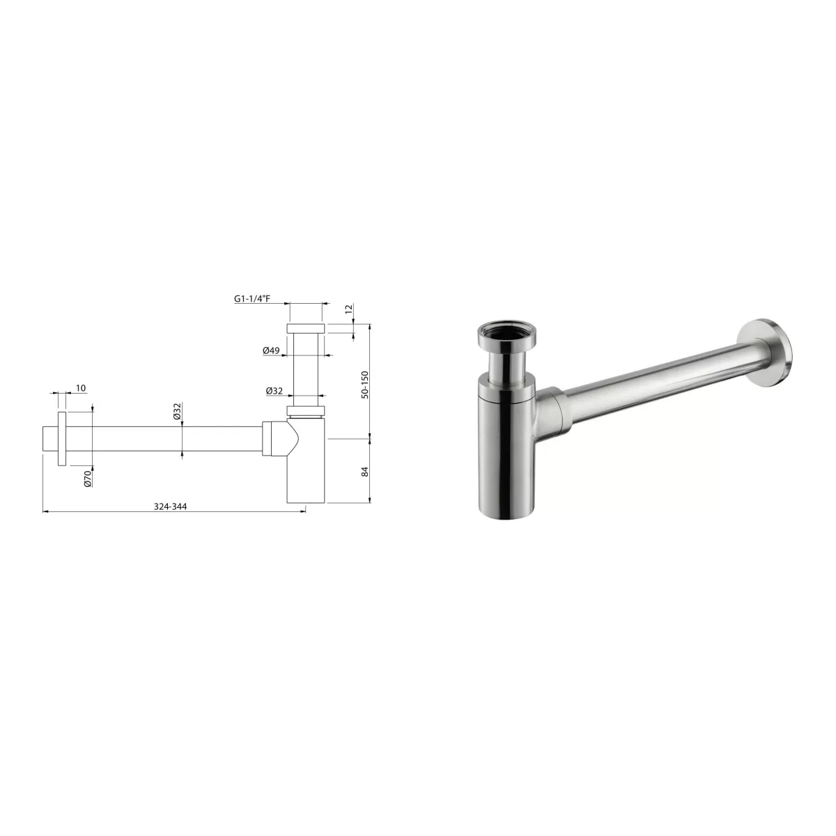 Sifone a vista per lavabo in acciaio inox di Tubico Nilo - Scheda Tecnica