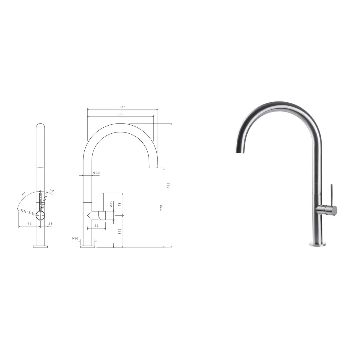 Rubinetto Miscelatore per lavello con canna tonda girevole in acciaio inox Tubico Kitchen River - Scheda Tecnica