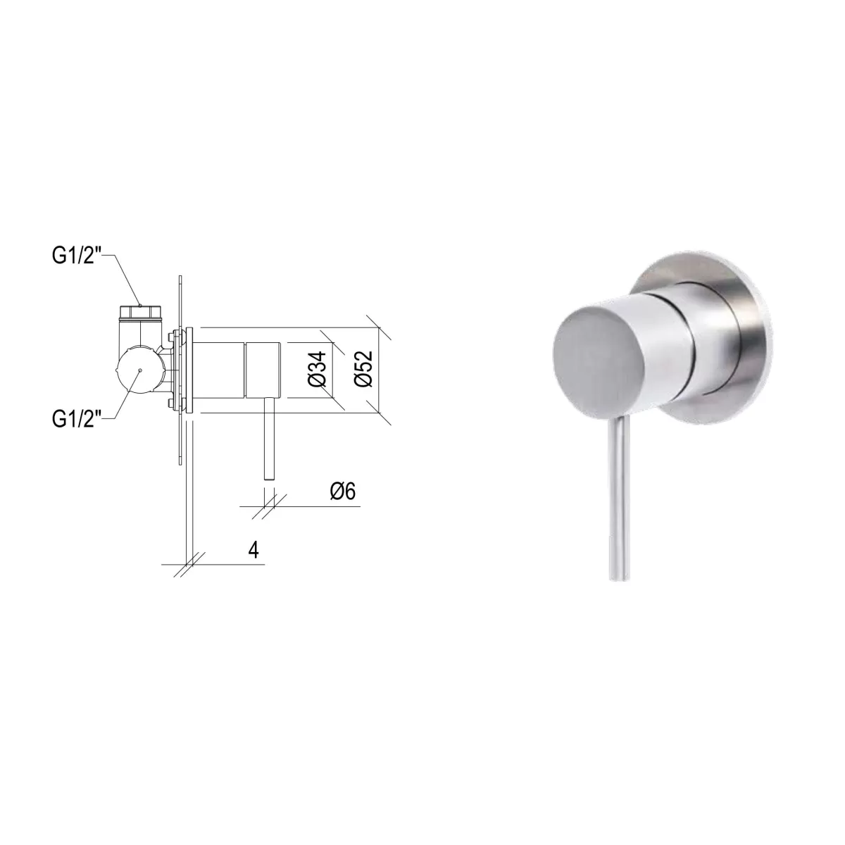 Miscelatore ad incasso per doccia, diametro 34 mm, in acciaio inox 316L di Tubico Tevere - Scheda Tecnica