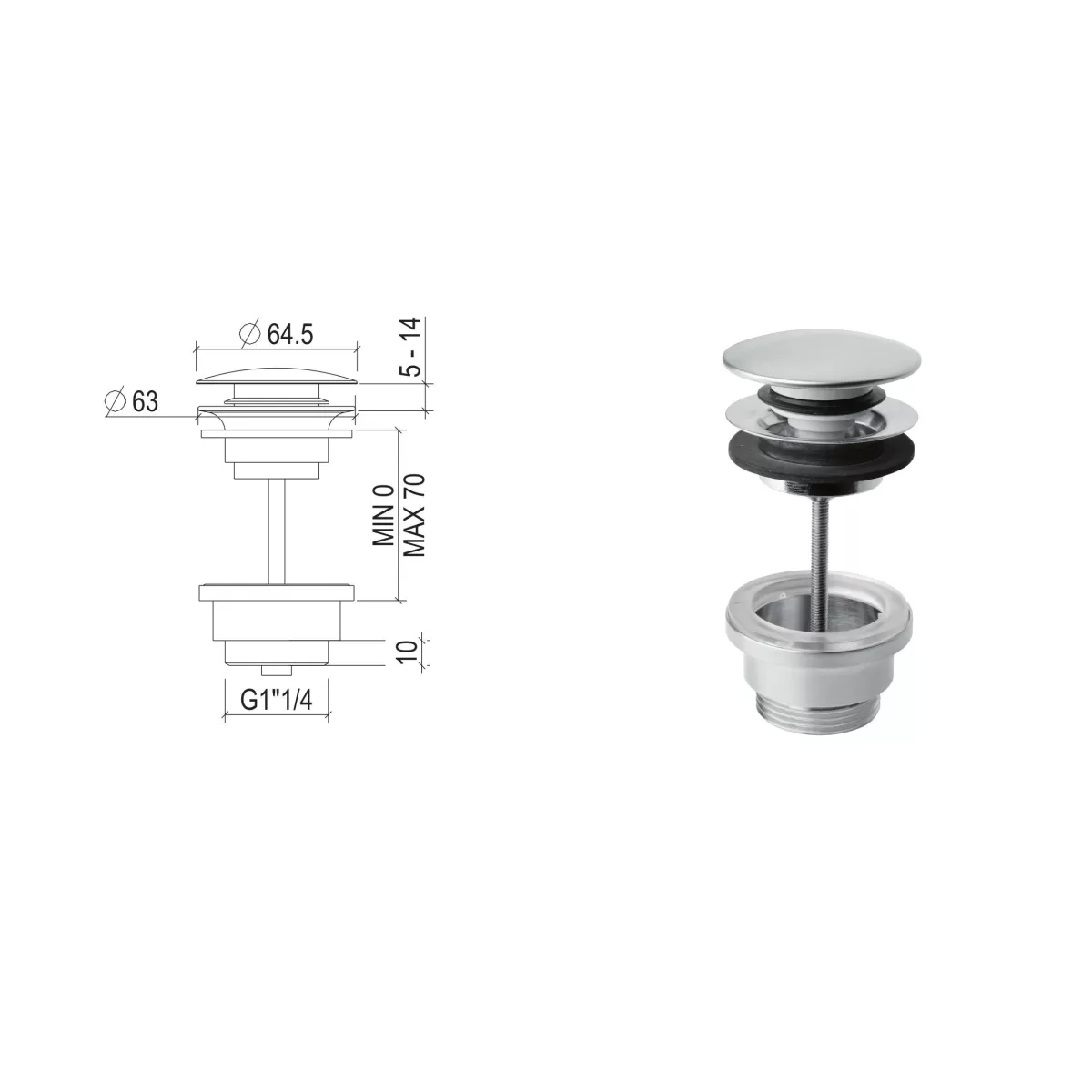 Scarico lavabo "Click-Clack" G1"1/4" modello sempre aperto in acciaio inox 316L di Tubico Tevere - Scheda Tecnica