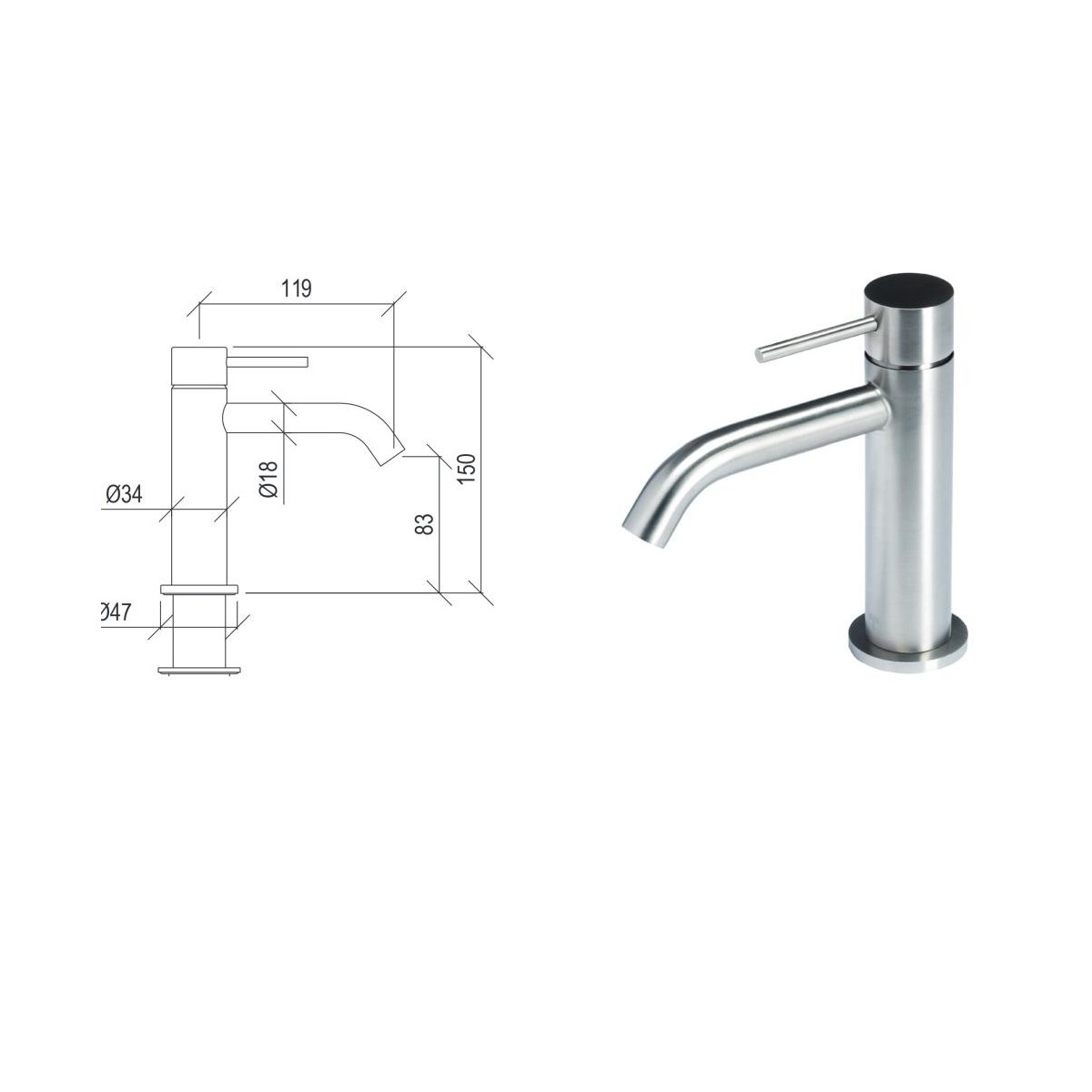 Miscelatore per lavabo bocca da 12 cm senza scarico in acciaio inox 316L di Tubico Tevere - Scheda Tecnica