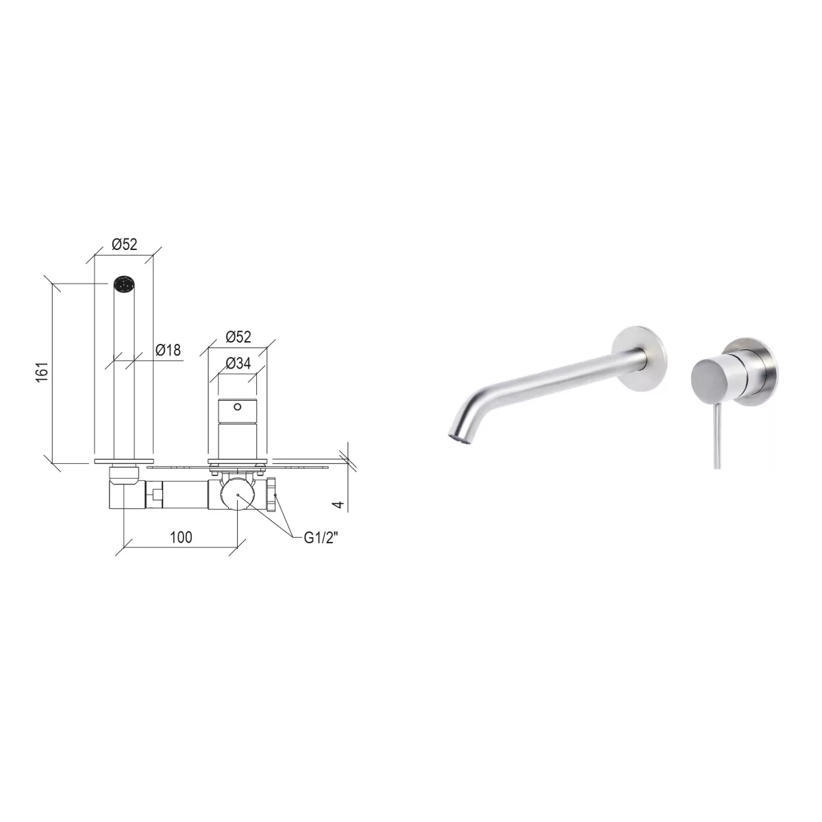 Rubinetto Miscelatore lavabo ad incasso con bocca da 16 cm in acciaio inox 316L Tubico Tevere - Scheda Tecnica