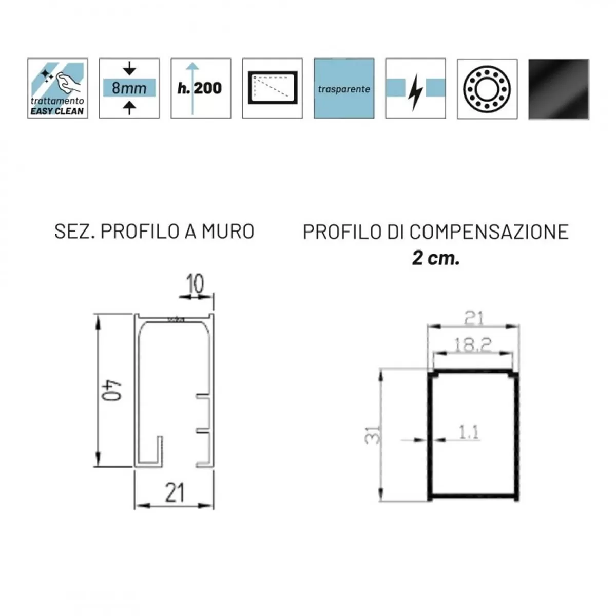 Porta doccia scorrevole profilo nero opaco trasparente anticalcare 8mm