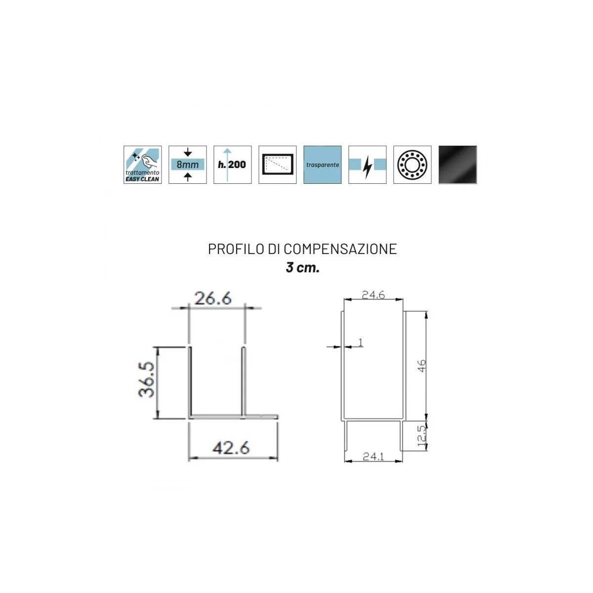 Porta Doccia Battente vetro Trasparente Anticalcare 8mm H195 Like con profilo nero opaco