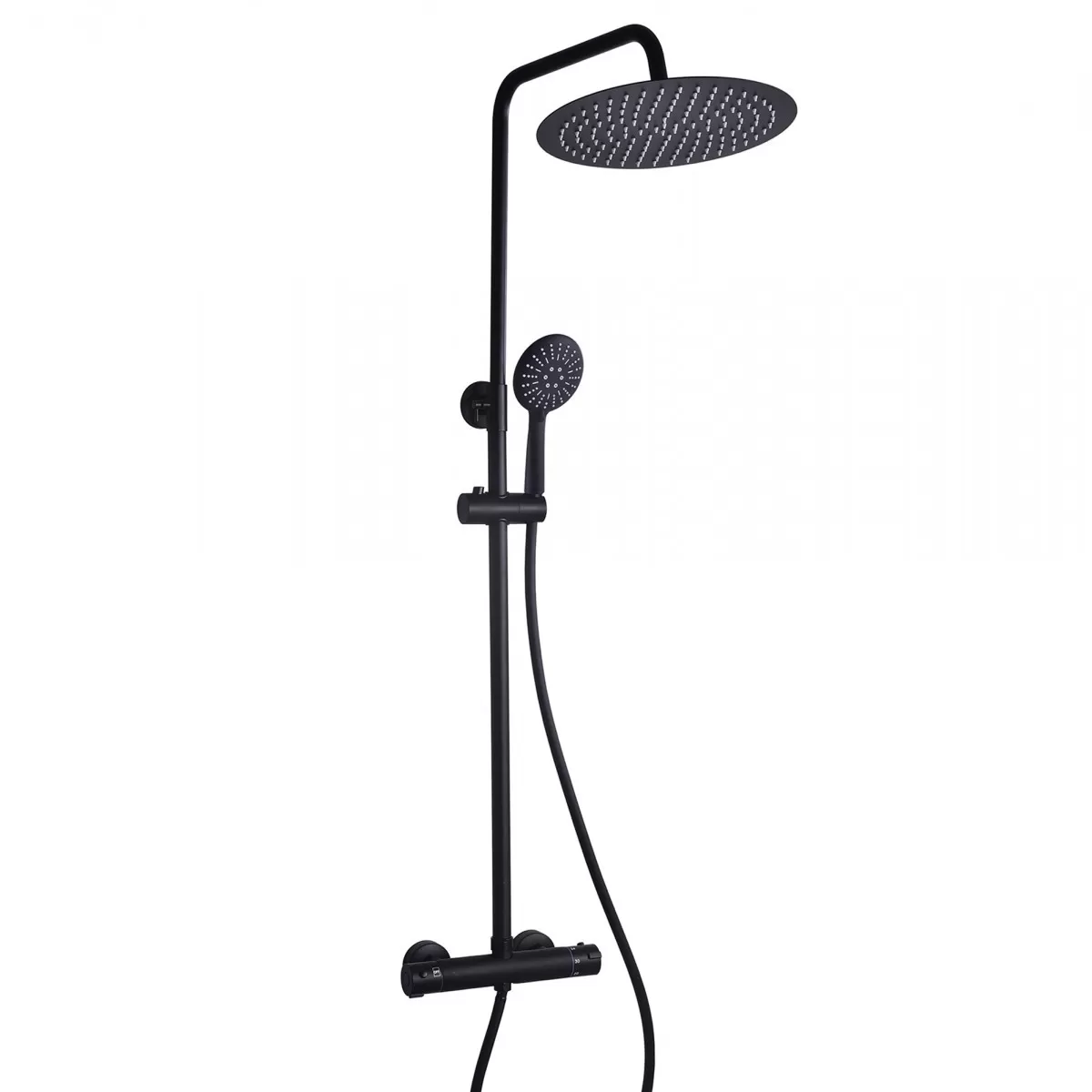 Schwarze Thermostat-Duschsäule Runder Duschkopf und Handbrause