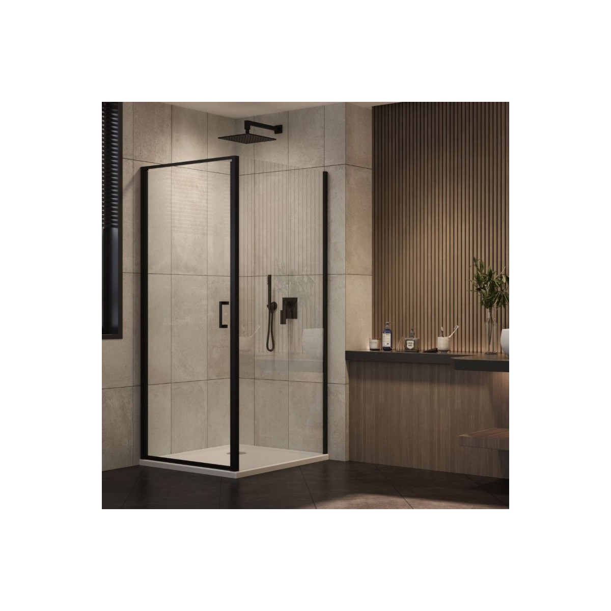 Cabine de douche battante 2 faces avec verre transparent, profil noir